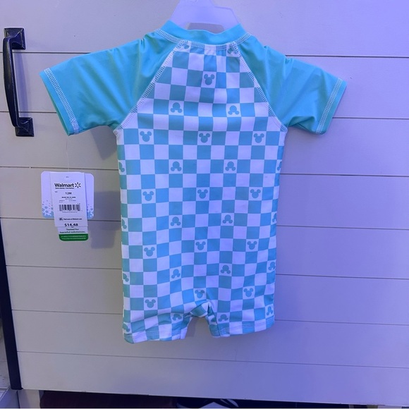 Disney Mickey Mouse Kids Aqua Checkered Swim Suit - Picture 2 of 6
